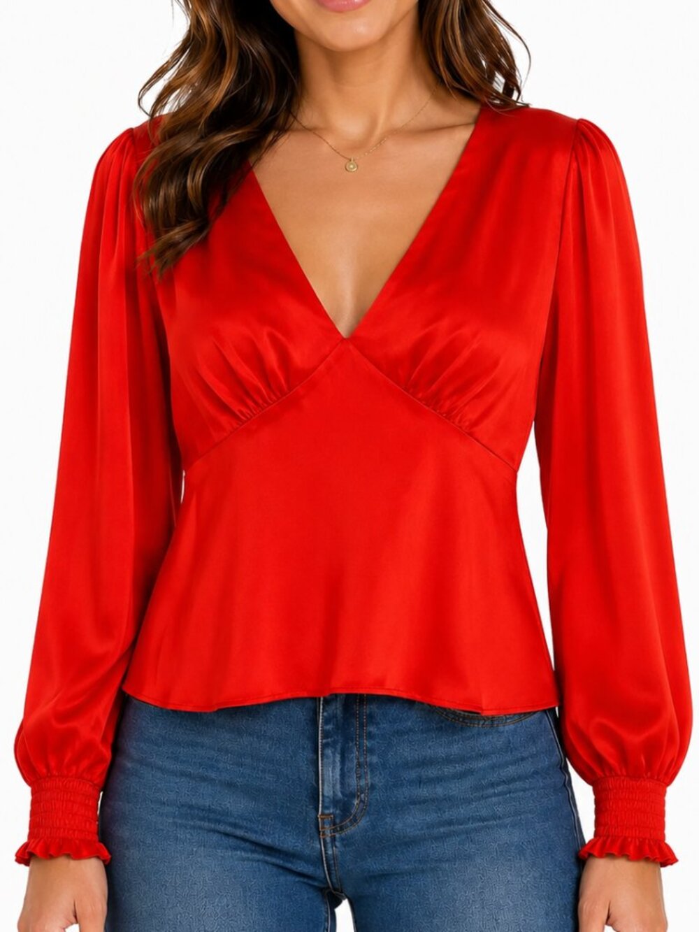 Lulu's Head Held High Red Satin V-Neck Long Sleeve Shirring Detail Blouse